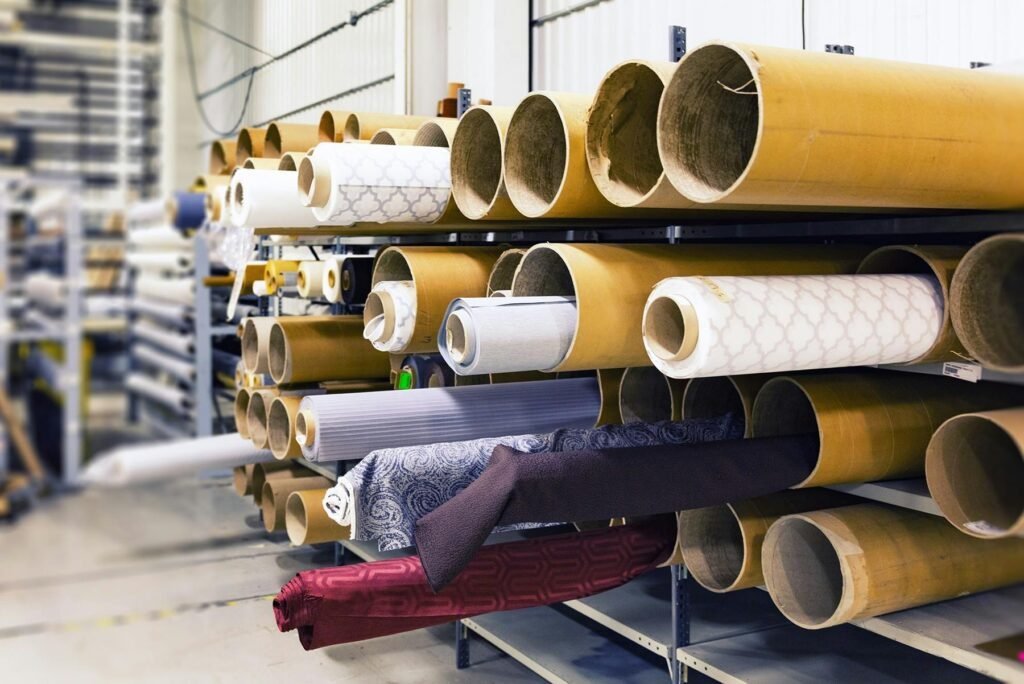 Rows of textile rolls stored in a factory for industrial manufacturing.